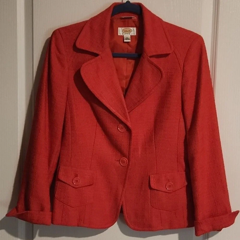 Talbots Orange Italian Viscose Cotton Blazer Pockets 3/4 Sleeve‎ Size 6 Academia